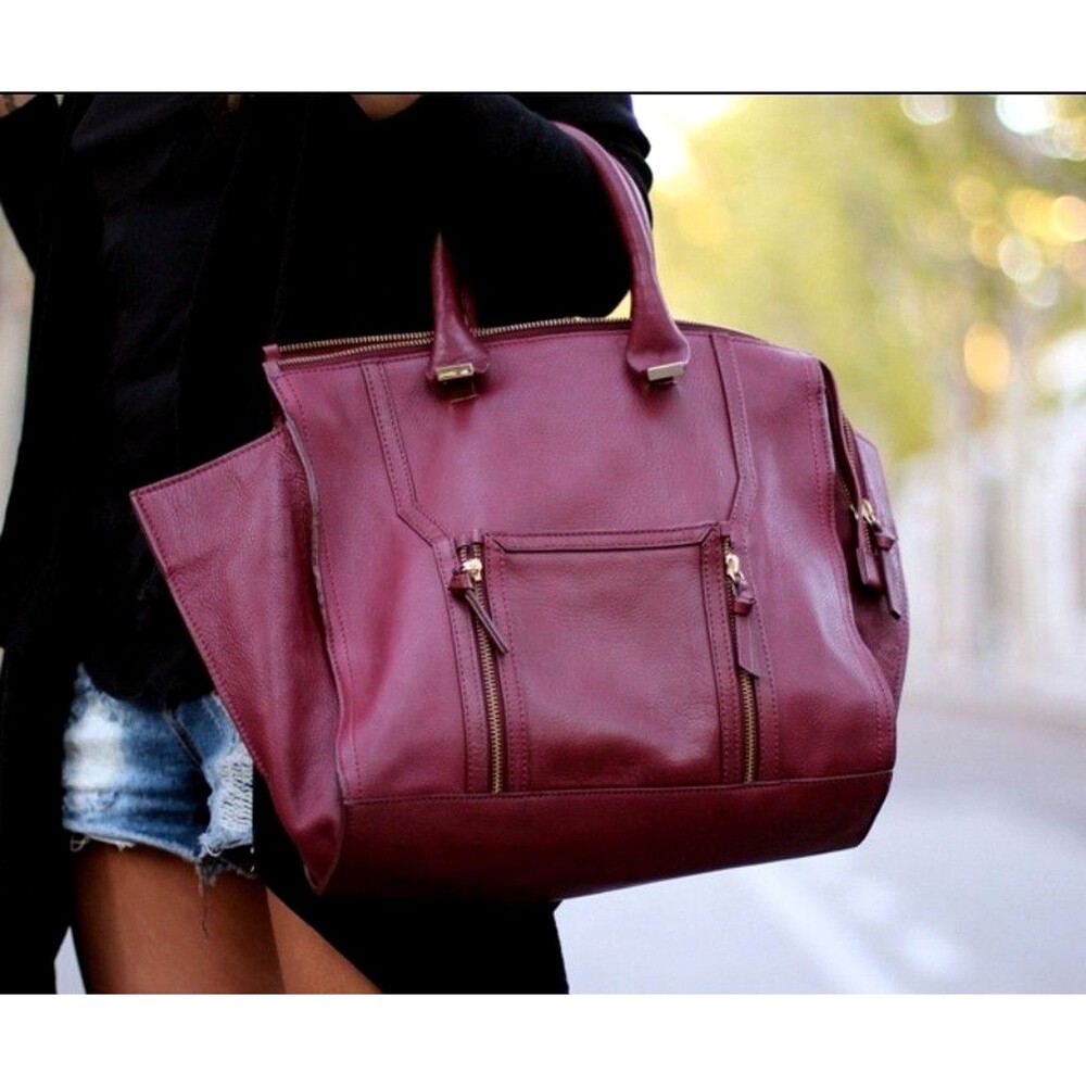 Zara Women's Large Tote Bag Burgundy Gold Hardware Satchel Genuine Leather